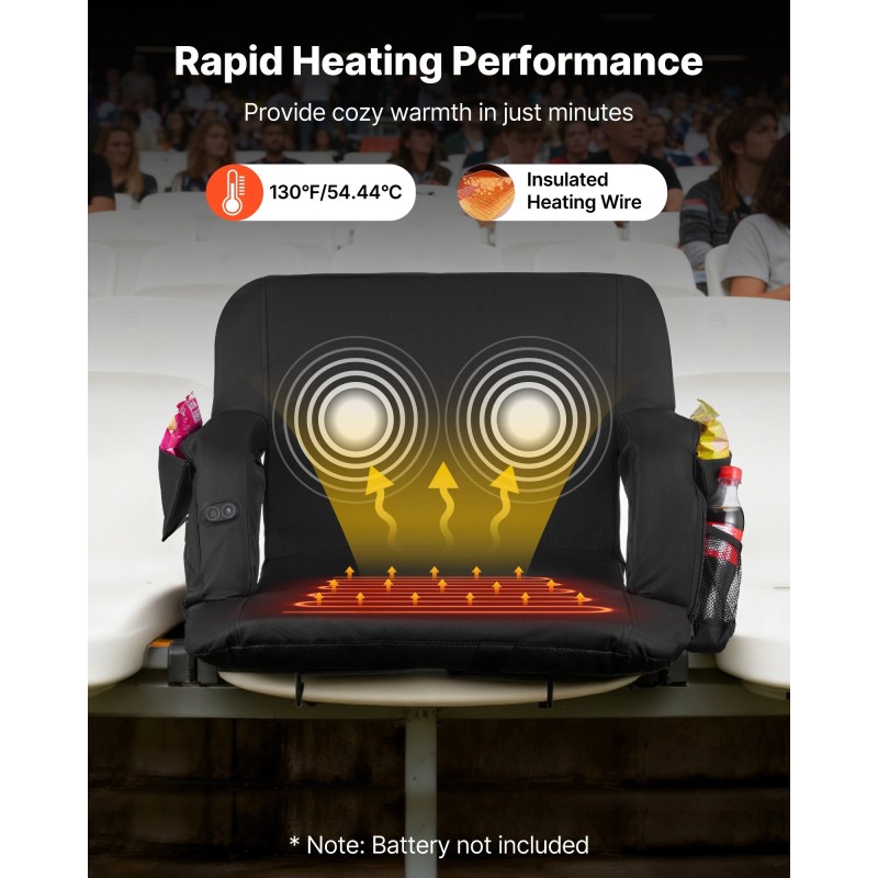Lämmitettävä taitettava stadionistuin 635 mm leveä kolmella lämmitystasolla selkänojalla