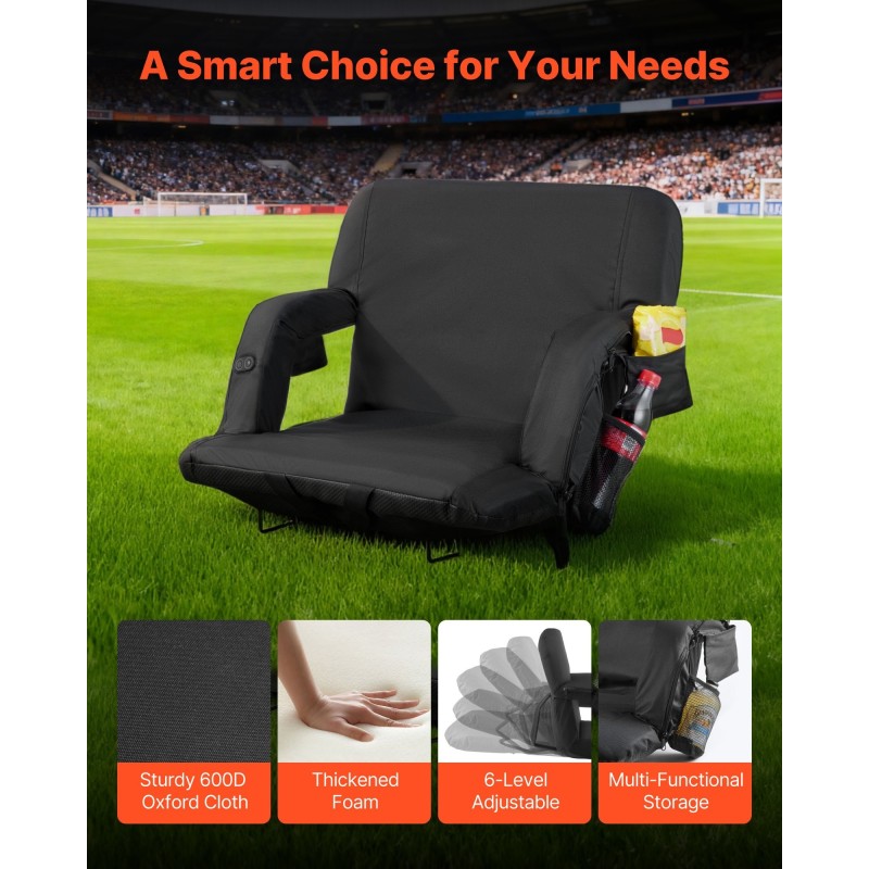 Lämmitettävä taitettava stadionistuin 635 mm leveä kolmella lämmitystasolla selkänojalla