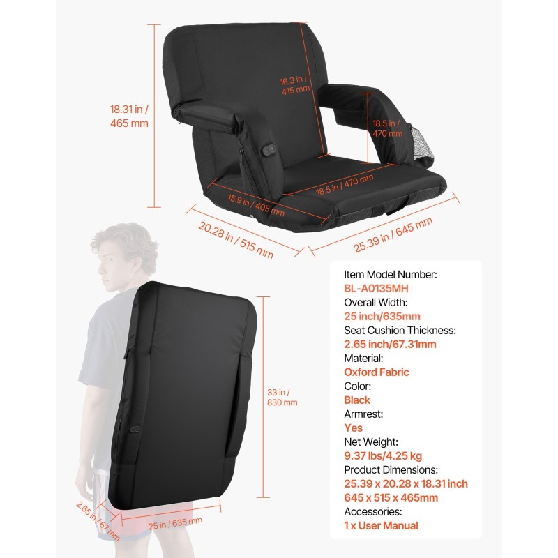 Lämmitettävä taitettava stadionistuin 635 mm leveä kolmella lämmitystasolla selkänojalla