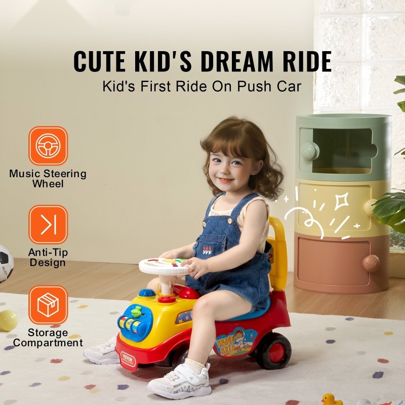 Potkuauto polypropeeni 1–3-vuotiaille nelipyöräinen kantavuus 22 kg musiikkipainike säilytystila