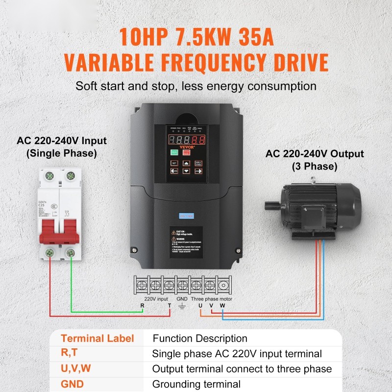 Taajuusmuuttaja 7,5 kW 35 A 220V 1/3-vaihe sisääntulo 220V 3-vaihe ulostulo