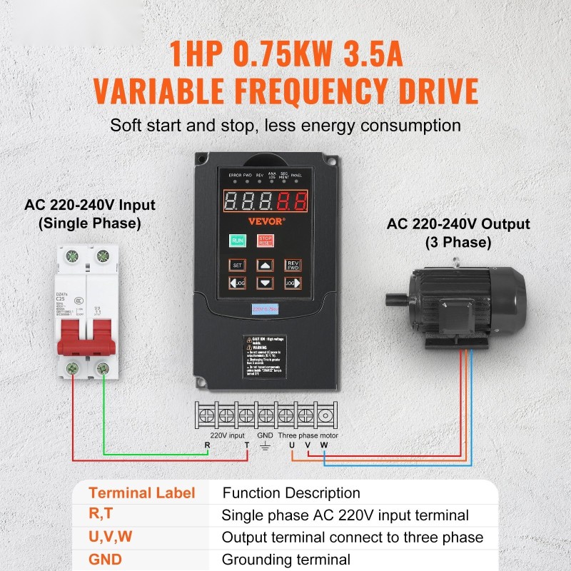 Taajuusmuuttaja 0,75 kW 3,5 A 220 V sisääntulo 220 V kolmivaiheinen lähtö