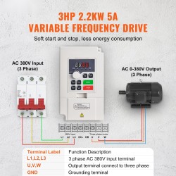 Taajuusmuuttaja 3-vaihe 2,2kW 3hv 5A 380V sisääntulo 50/60Hz 0-380V lähtö 0-2000Hz