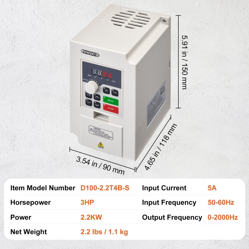 Taajuusmuuttaja 3-vaihe 2,2kW 3hv 5A 380V sisääntulo 50/60Hz 0-380V lähtö 0-2000Hz