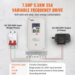 Taajuusmuuttaja 5,5kW 25A 1/3-vaihe 220V sisääntulo 3-vaihe 0-220V ulostulo