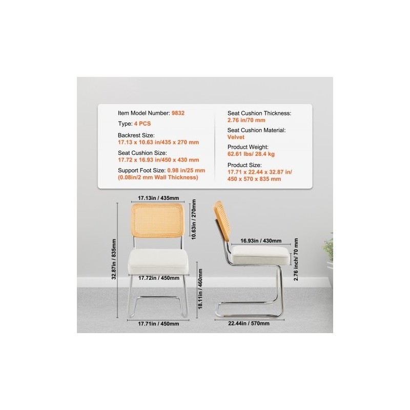 Rottinkiselkänojaiset samettiset tuolit metallirungolla neljä kappaletta pehmeällä istuintyynyllä