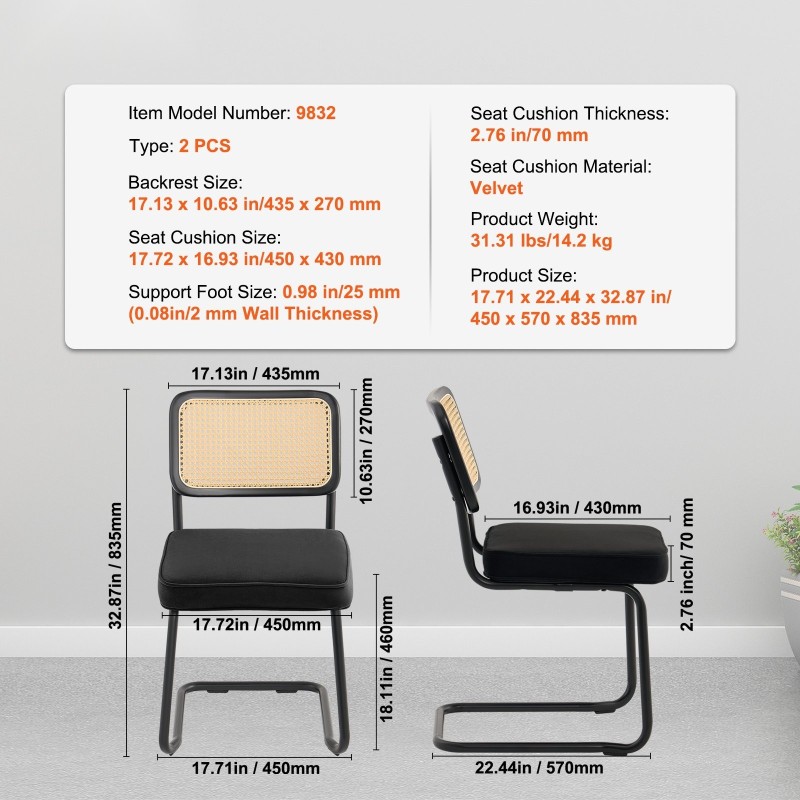Rottinkituolisetti 2 kpl samettiverhoiltu istuin rottinkiselkänojalla metallinen kantileverrunko