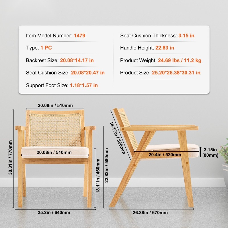 Rottinkituoli PE-rottinkisellä selkänojalla pehmustettu istuin käsinojalla massiivipuurunko ruokailuun ja olohuoneeseen