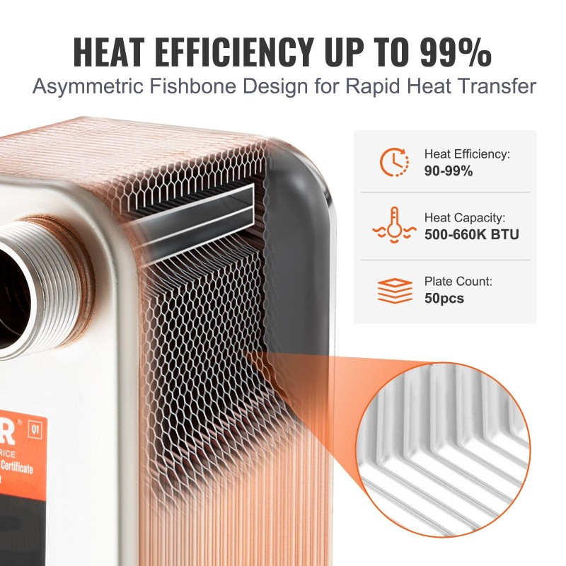 Juotettu levylämmönvaihdin 127x305 mm 50 levyä 304 ja 316 ruostumaton teräs lattialämmitykseen