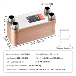 Juotettu levylämmönvaihdin 127x305 mm 50 levyä 304 ja 316 ruostumaton teräs lattialämmitykseen