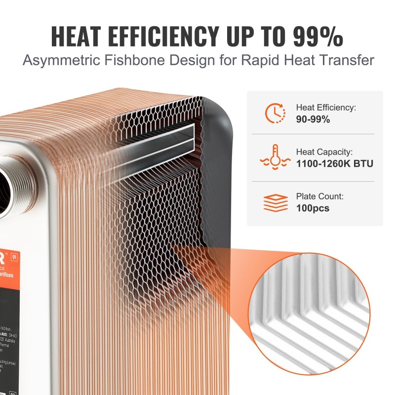 Juotettu levylämmönvaihdin 100 levyä 127x305 mm 304 ja 316 ruostumatonta terästä kuparijuotos