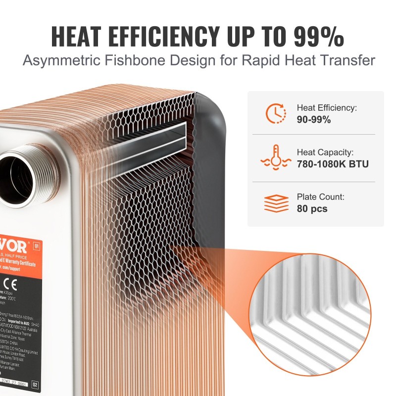 Juotettu levylämmönvaihdin 127x305 mm 80 levyä ruostumatonta terästä kuparijuotos