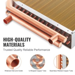 Vesi-ilma-lämmönvaihdin 40,6×40,6 cm ruostumaton teräs 316L 3-rivinen 9,5 mm kupariputkilla