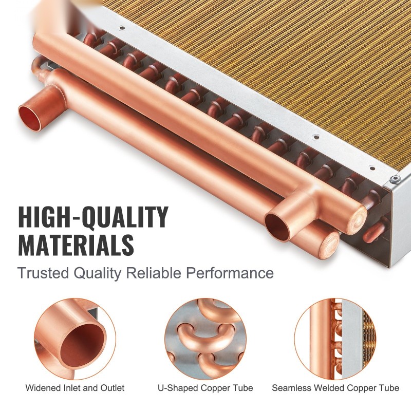 Vesi-ilma-lämmönvaihdin 40,6×40,6 cm ruostumaton teräs 316L 3-rivinen 9,5 mm kupariputkilla