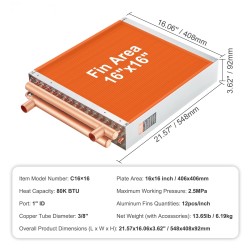 Vesi-ilma-lämmönvaihdin 40,6×40,6 cm ruostumaton teräs 316L 3-rivinen 9,5 mm kupariputkilla
