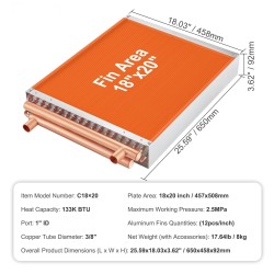 Vesi-ilma lämmönvaihdin kuparinen 45,7 x 50,8 cm 3-rivinen 242 lamellia