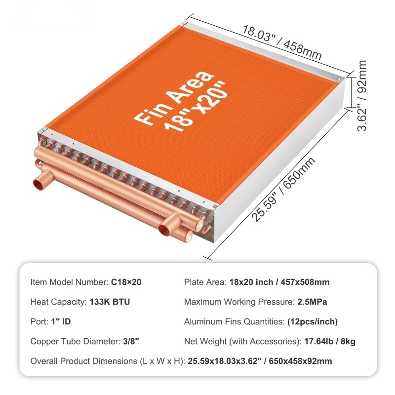 Vesi-ilma lämmönvaihdin kuparinen 45,7 x 50,8 cm 3-rivinen 242 lamellia
