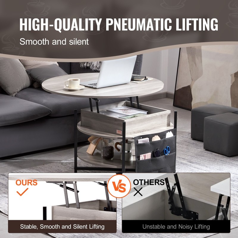 Nostokannellinen pyöreä sohvapöytä lastulevy ja teräsrunko halkaisija 90 cm tummanharmaa