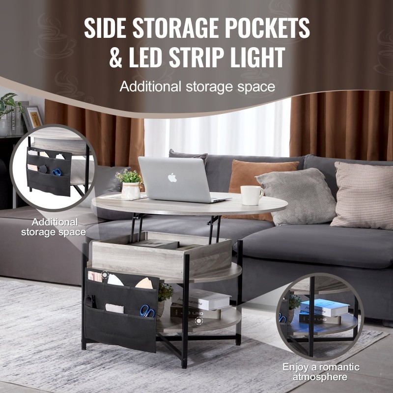 Nostokannellinen pyöreä sohvapöytä lastulevy ja teräsrunko halkaisija 90 cm tummanharmaa