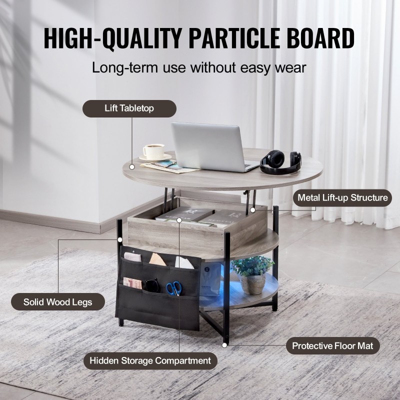 Nostokannellinen pyöreä sohvapöytä lastulevy ja teräsrunko halkaisija 90 cm tummanharmaa