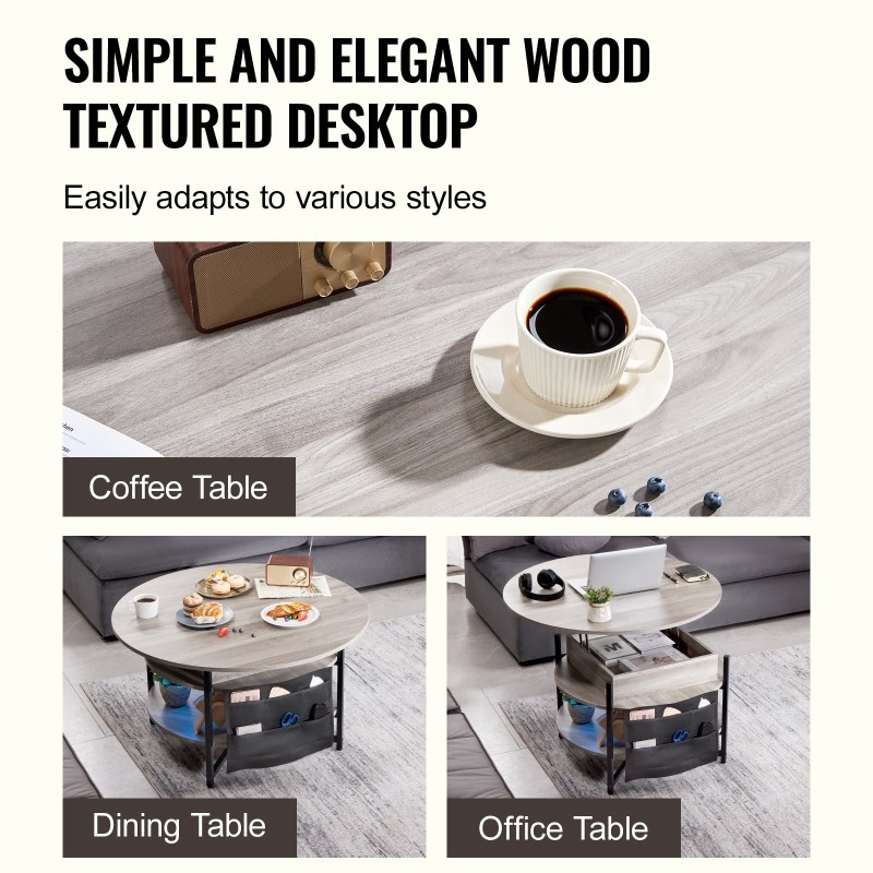 Nostokannellinen pyöreä sohvapöytä lastulevy ja teräsrunko halkaisija 90 cm tummanharmaa