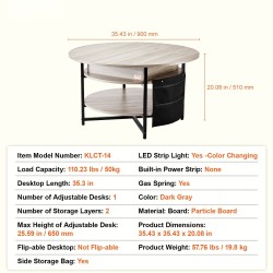 Nostokannellinen pyöreä sohvapöytä lastulevy ja teräsrunko halkaisija 90 cm tummanharmaa