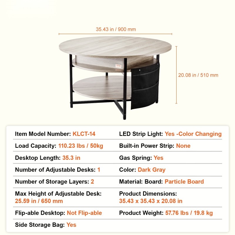 Nostokannellinen pyöreä sohvapöytä lastulevy ja teräsrunko halkaisija 90 cm tummanharmaa