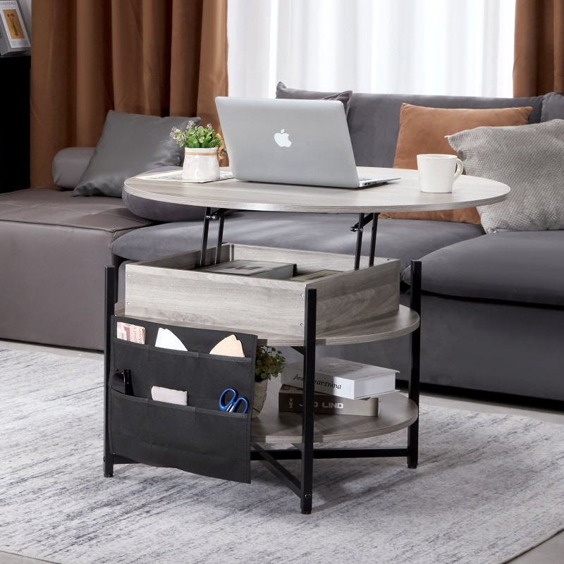 Nostokannellinen pyöreä sohvapöytä lastulevy ja teräsrunko halkaisija 90 cm tummanharmaa