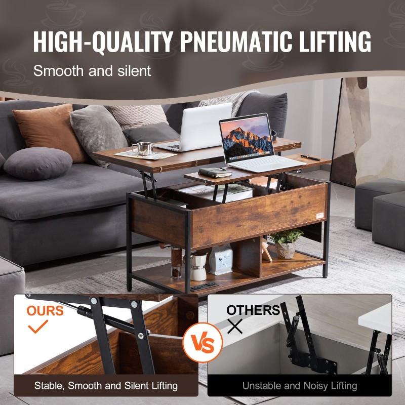 Nostettava sohvapöytä 100 x 50 cm teräsrunko lastulevy säilytystiloilla virtapaneelilla ruskea