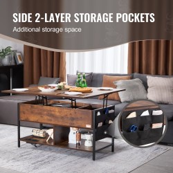 Nostettava sohvapöytä 100 x 50 cm teräsrunko lastulevy säilytystiloilla virtapaneelilla ruskea