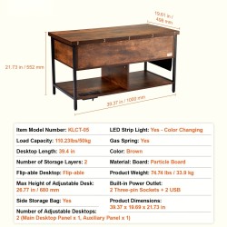 Nostettava sohvapöytä 100 x 50 cm teräsrunko lastulevy säilytystiloilla virtapaneelilla ruskea