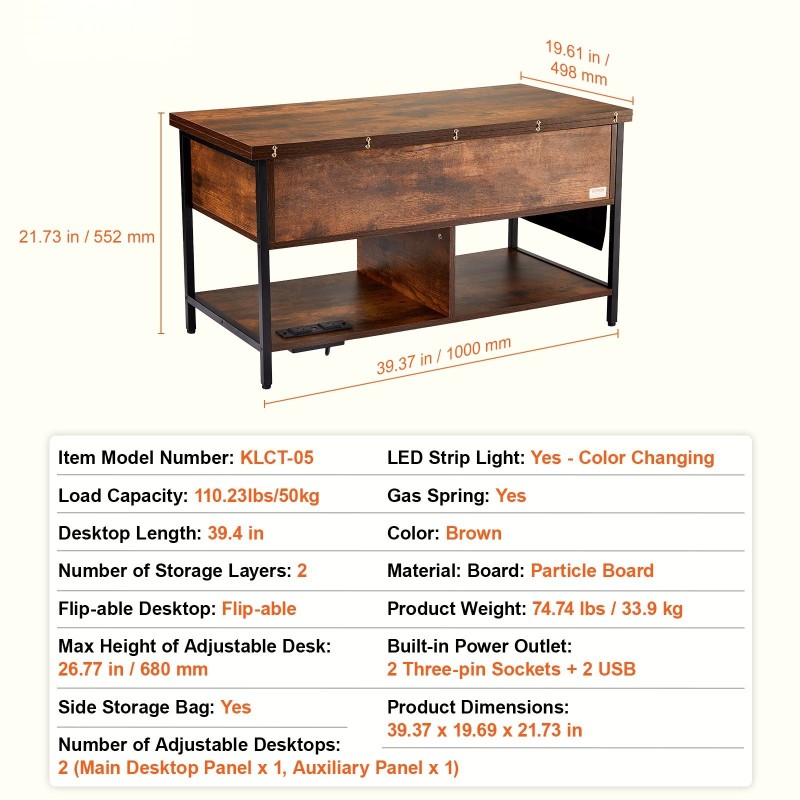 Nostettava sohvapöytä 100 x 50 cm teräsrunko lastulevy säilytystiloilla virtapaneelilla ruskea