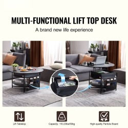 Sohvapöytä nostettava pyöreä 90 cm lastulevy teräs musta sivutaskuilla