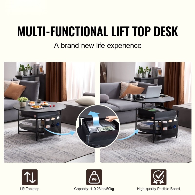 Sohvapöytä nostettava pyöreä 90 cm lastulevy teräs musta sivutaskuilla