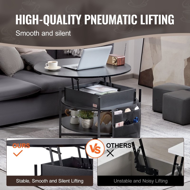 Sohvapöytä nostettava pyöreä 90 cm lastulevy teräs musta sivutaskuilla