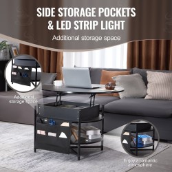 Sohvapöytä nostettava pyöreä 90 cm lastulevy teräs musta sivutaskuilla