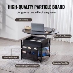 Sohvapöytä nostettava pyöreä 90 cm lastulevy teräs musta sivutaskuilla