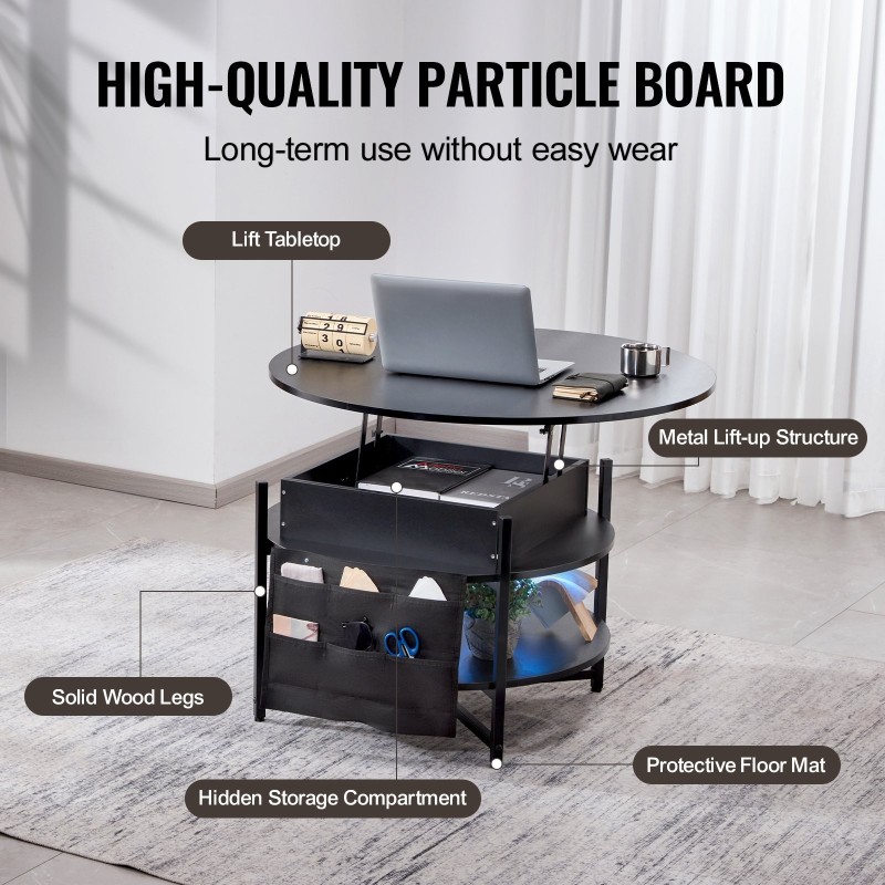 Sohvapöytä nostettava pyöreä 90 cm lastulevy teräs musta sivutaskuilla