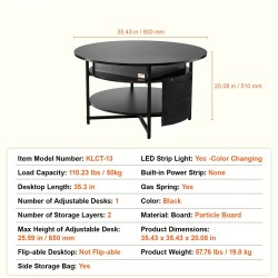 Sohvapöytä nostettava pyöreä 90 cm lastulevy teräs musta sivutaskuilla