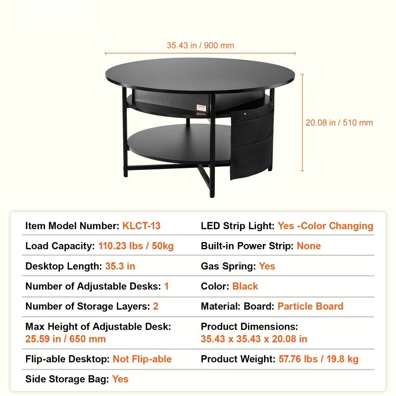Sohvapöytä nostettava pyöreä 90 cm lastulevy teräs musta sivutaskuilla