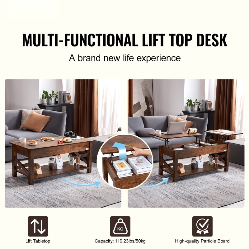 Sohvapöytä nostettava teräsrunko lastulevy 1200 mm ruskea säilytyksellä