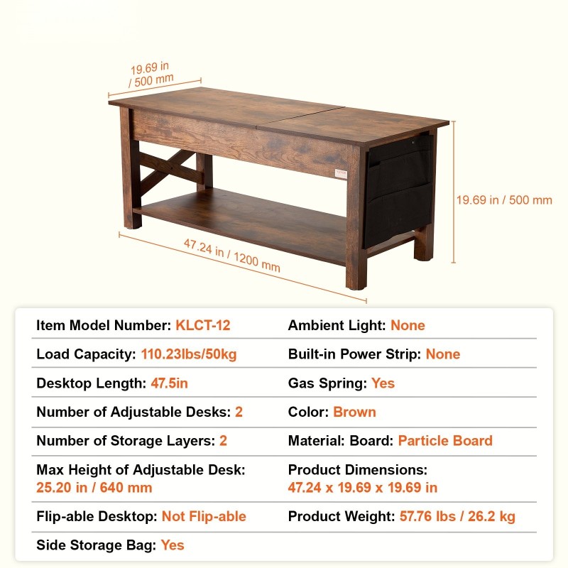 Sohvapöytä nostettava teräsrunko lastulevy 1200 mm ruskea säilytyksellä