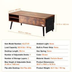Säädettävä nostokannellinen sohvapöytä lastulevy ruskea sivuhyllyillä 1000x498x400 mm
