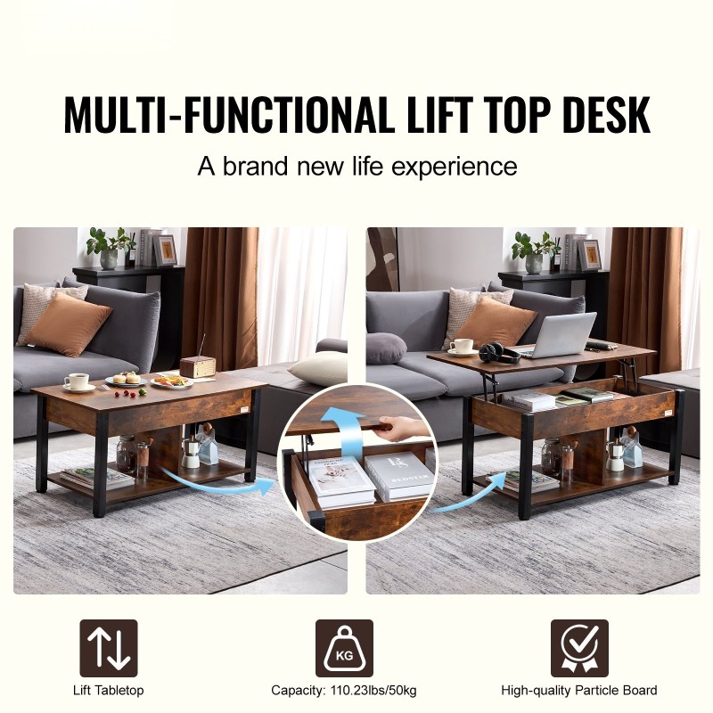 Nostettava sohvapöytä lastulevy ja teräsrunko 106×50×49 cm ruskea säilytystilalla