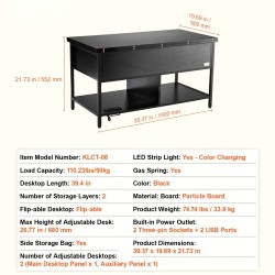 Nostettava sohvapöytä lastulevy teräsrunko 100 cm leveä 50 cm syvä säilytystila virtapaneeli