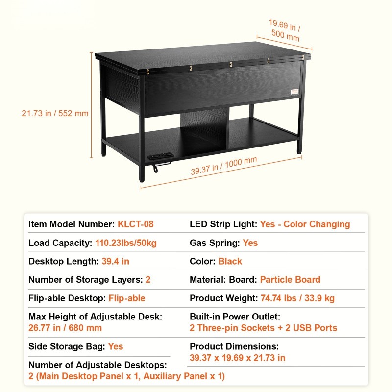 Nostettava sohvapöytä lastulevy teräsrunko 100 cm leveä 50 cm syvä säilytystila virtapaneeli
