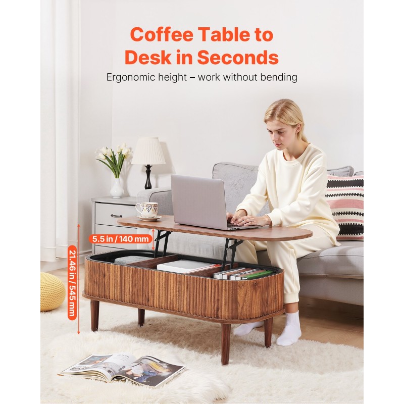 Nostettava ovaali sohvapöytä 1000 mm pähkinä massiivipuiset jalat piilotetuilla lokerolla