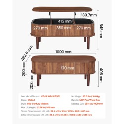 Nostettava ovaali sohvapöytä 1000 mm pähkinä massiivipuiset jalat piilotetuilla lokerolla