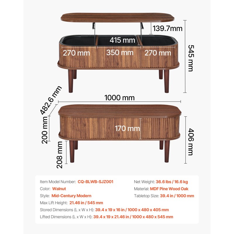 Nostettava ovaali sohvapöytä 1000 mm pähkinä massiivipuiset jalat piilotetuilla lokerolla