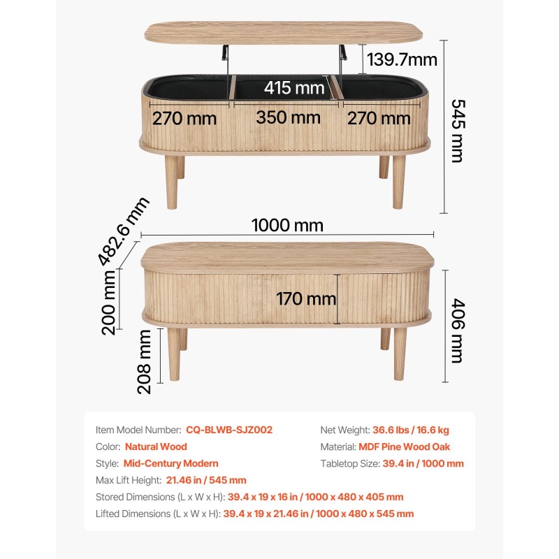 Nostokannellinen sohvapöytä 1000 mm soikea 3 piilotettua lokeroa MDF mänty tammi
